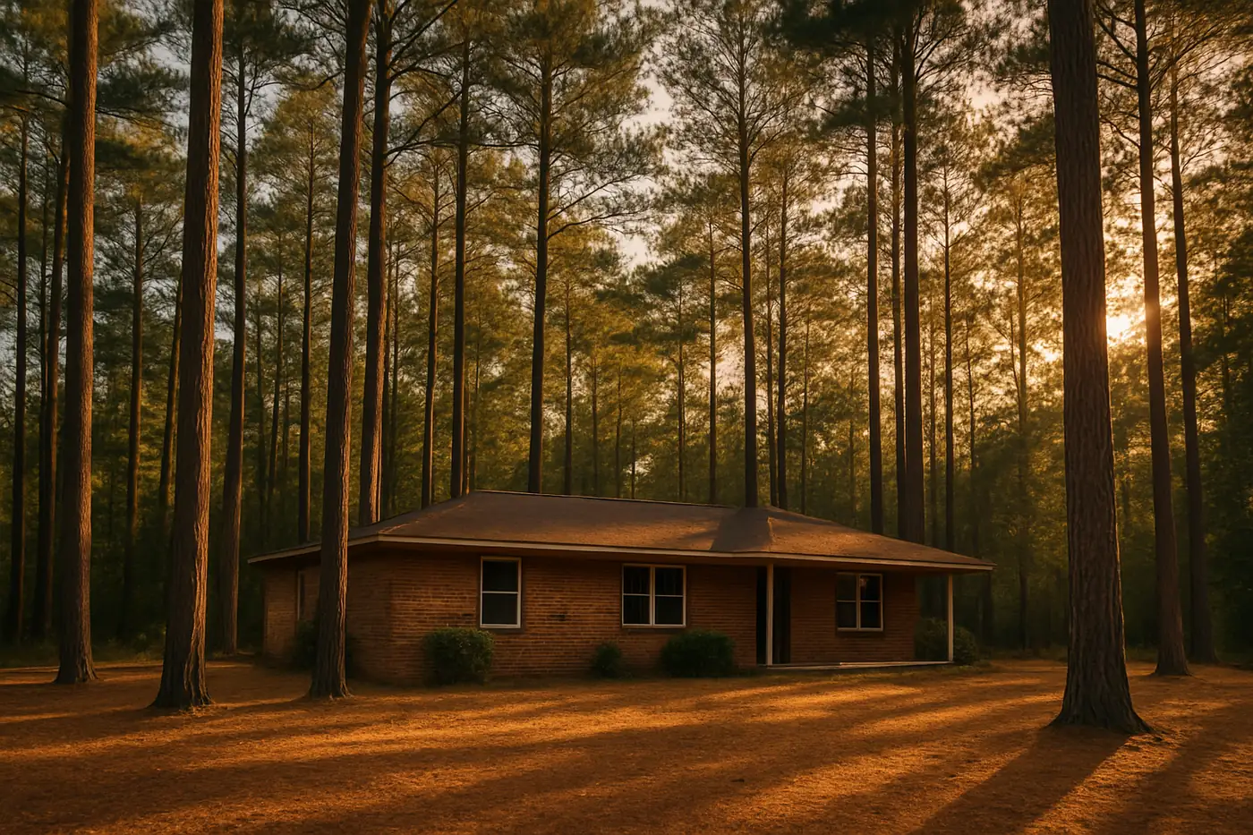 Tall loblolly pines towering over a brick ranch house in Huntsville, Texas