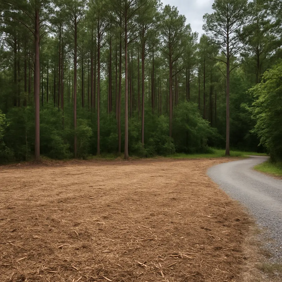 Partially cleared and mulched wooded lot edged by tall loblolly pines